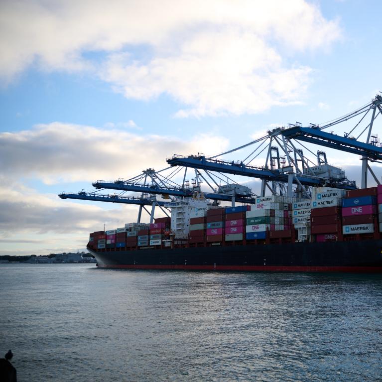 Ship in port under cranes