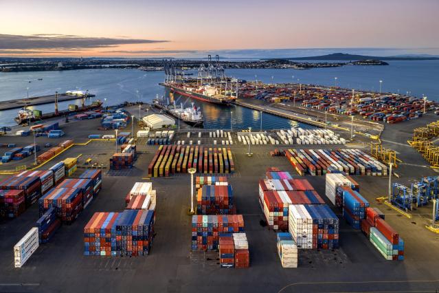 Port of Auckland container storage at sunset