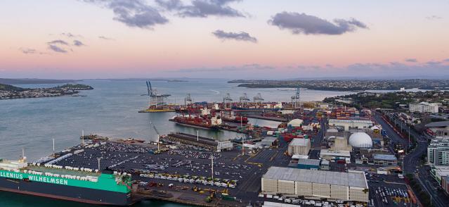 Aerial view of the Port of Auckland from the west at dusk