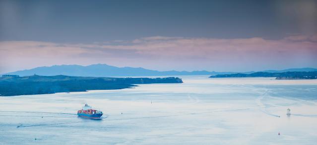 Container ship in the Waitemata harbour at sunrise